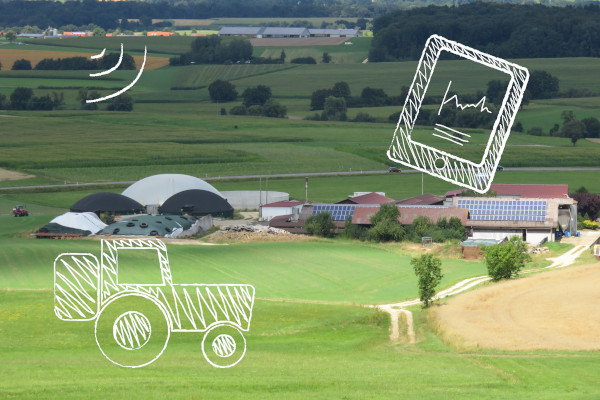 Betrieb mit Biogasanlage und Photovoltaik. Kreidezeichnungen (Traktor,Tablet,Schallwellen)